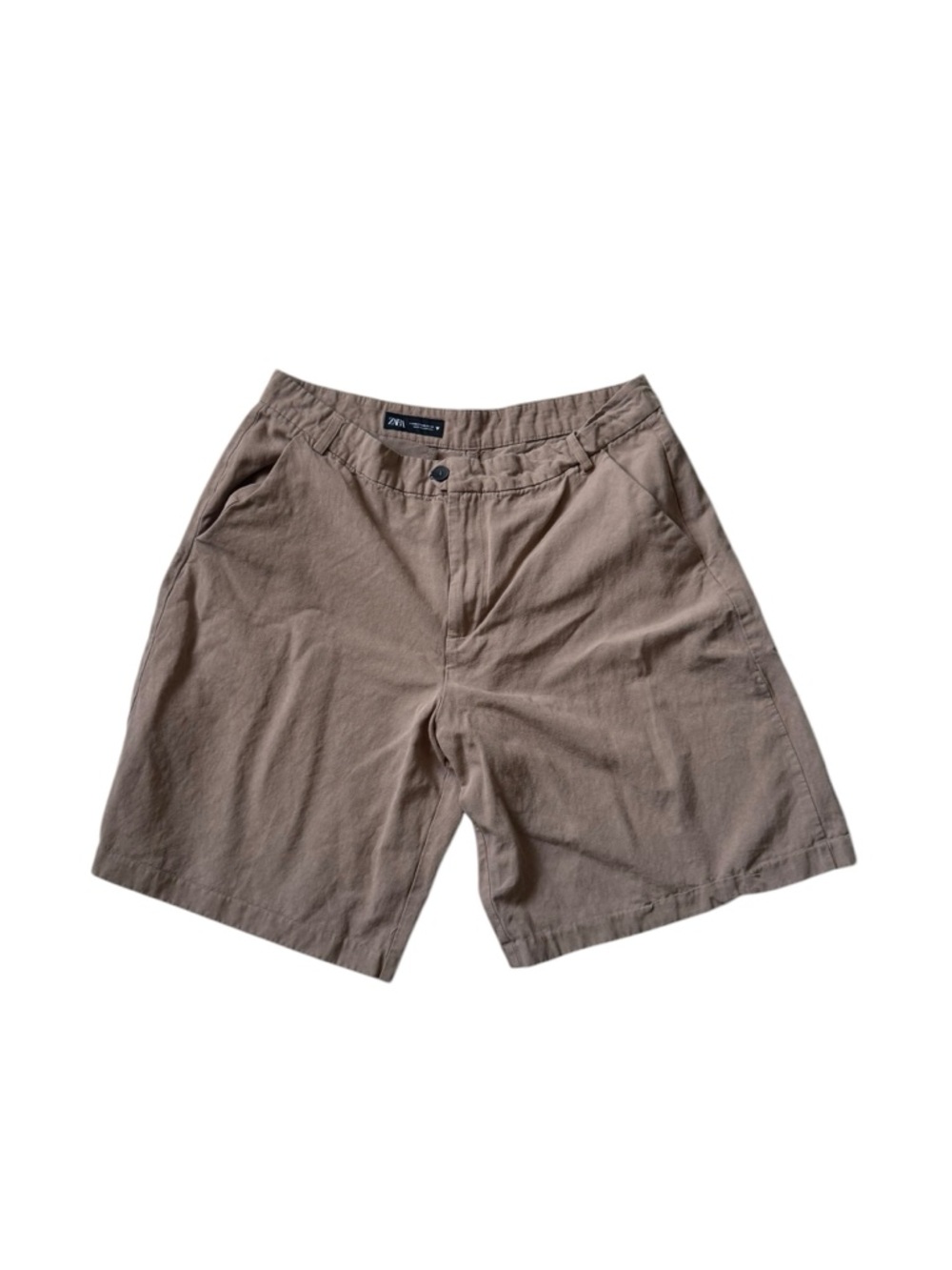 Zara Women's High Rise Taupe Relaxed Bermuda linen blend Shorts